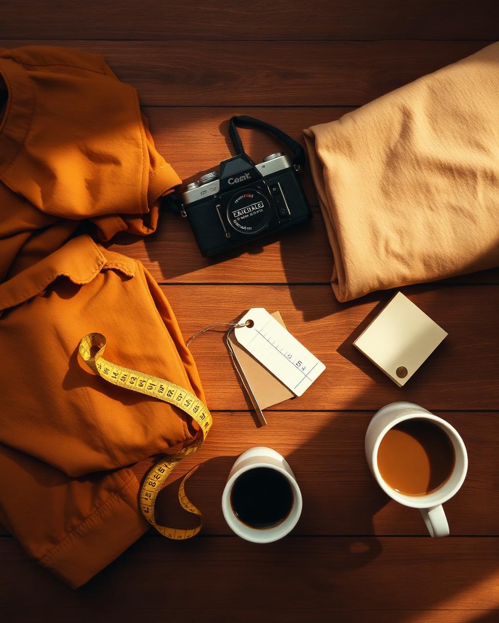 Folded vintage clothing and a film camera arranged on a wooden table