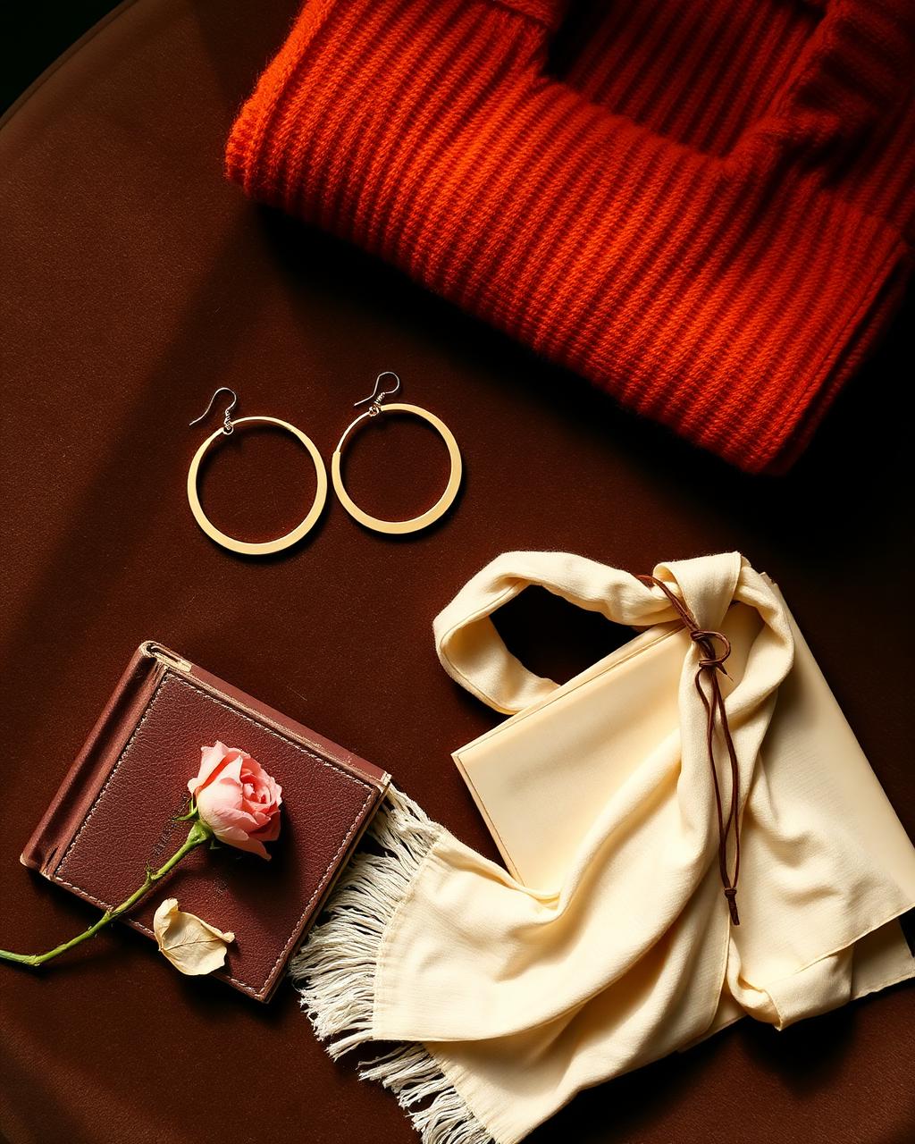 Vintage cashmere sweater, gold hoop earrings, and a silk scarf on velvet